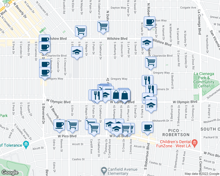 map of restaurants, bars, coffee shops, grocery stores, and more near 345 South Wetherly Drive in Beverly Hills