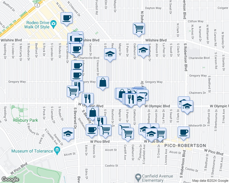 map of restaurants, bars, coffee shops, grocery stores, and more near 344 South Rexford Drive in Beverly Hills