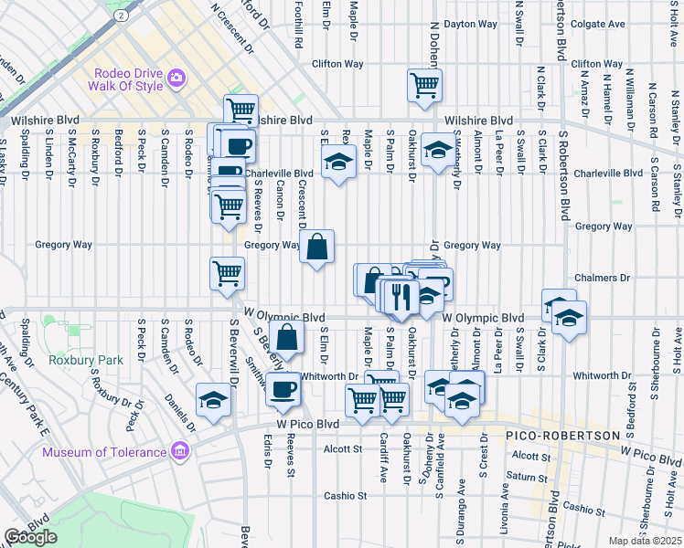 map of restaurants, bars, coffee shops, grocery stores, and more near 344 South Rexford Drive in Beverly Hills