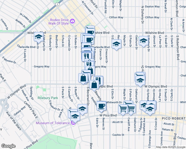 map of restaurants, bars, coffee shops, grocery stores, and more near 346 South Reeves Drive in Beverly Hills