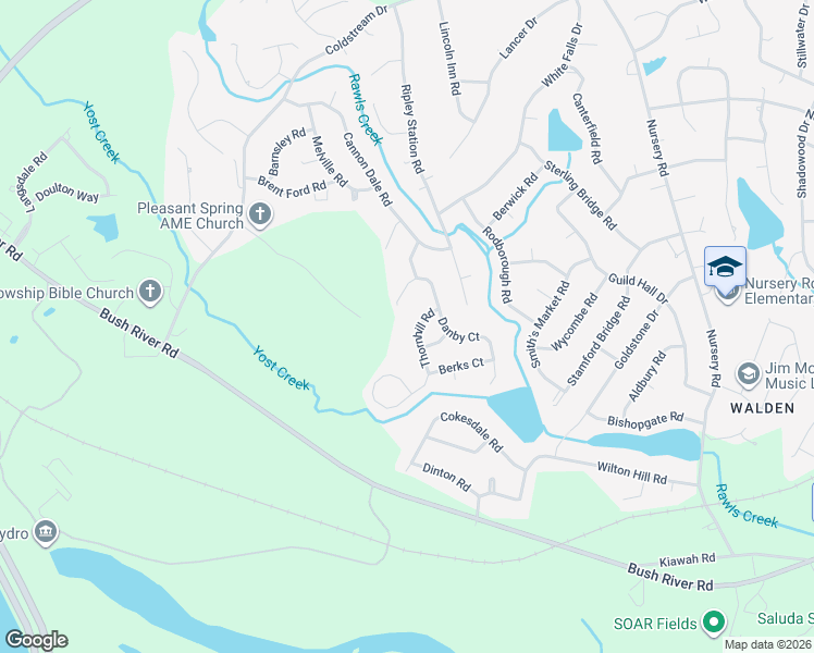 map of restaurants, bars, coffee shops, grocery stores, and more near 114 Thornhill Road in Columbia