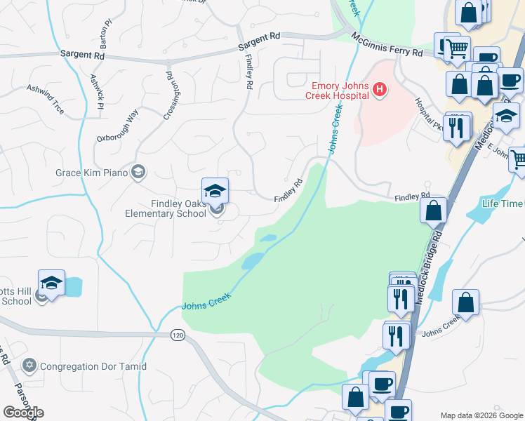 map of restaurants, bars, coffee shops, grocery stores, and more near 5965 Findley Chase Drive in Duluth