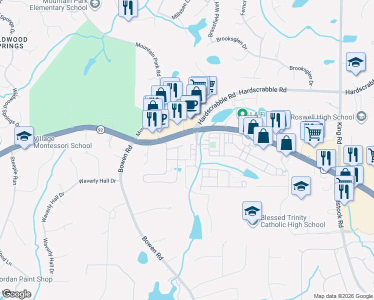 map of restaurants, bars, coffee shops, grocery stores, and more near 7300 Lowery Oak Drive in Roswell