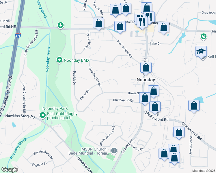 map of restaurants, bars, coffee shops, grocery stores, and more near 823 Dover Street in Marietta