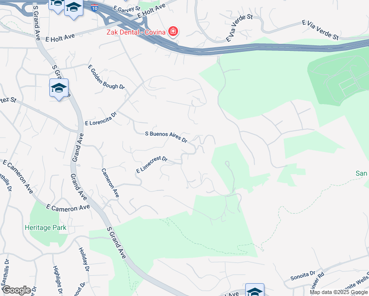 map of restaurants, bars, coffee shops, grocery stores, and more near 2423 South Buenos Aires Drive in Covina