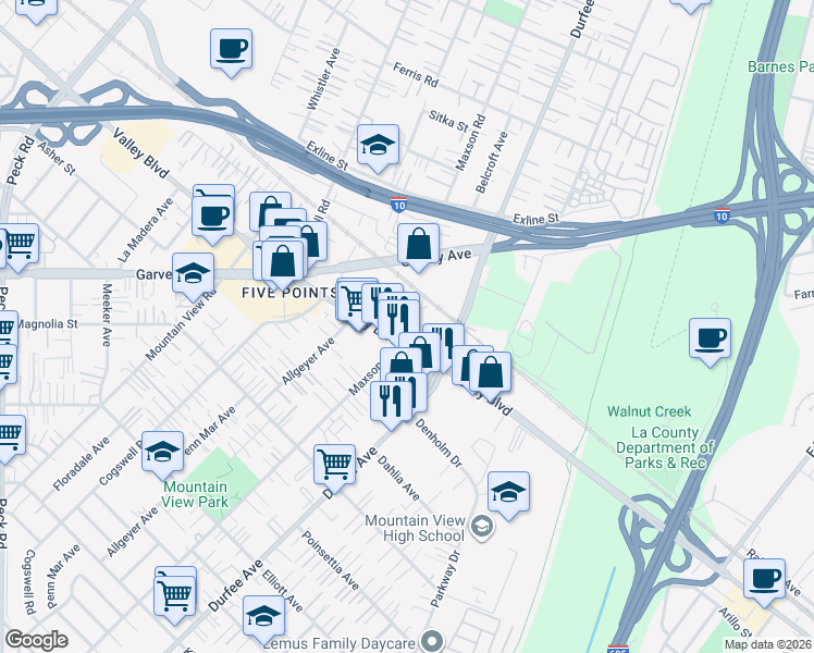 map of restaurants, bars, coffee shops, grocery stores, and more near 12213 Valley Boulevard in El Monte