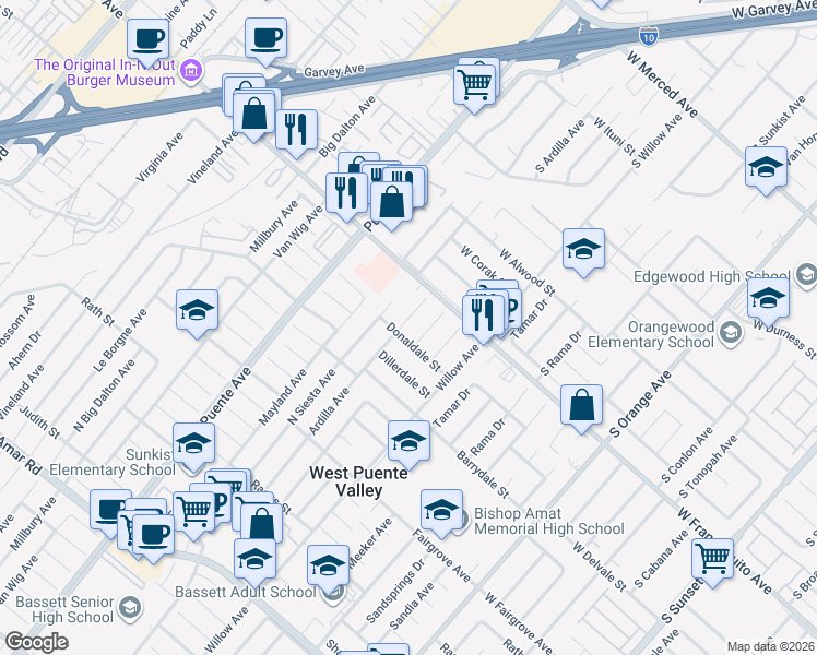 map of restaurants, bars, coffee shops, grocery stores, and more near 1510 Ardilla Avenue in La Puente