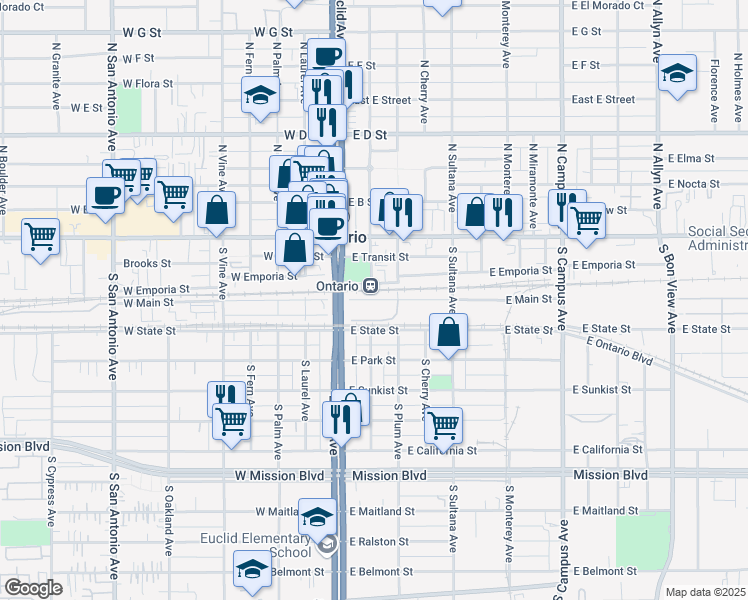 map of restaurants, bars, coffee shops, grocery stores, and more near 123 East Main Street in Ontario