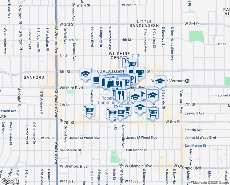 map of restaurants, bars, coffee shops, grocery stores, and more near 3530 Wilshire Boulevard in Los Angeles