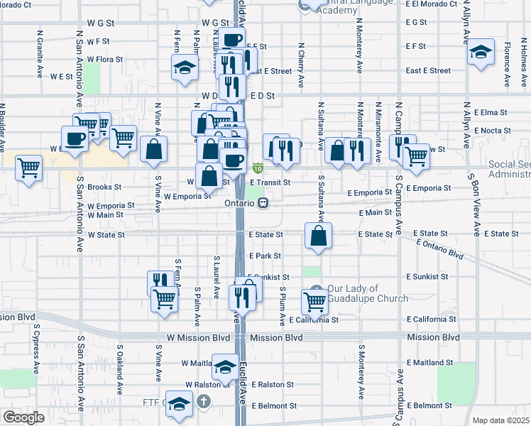 map of restaurants, bars, coffee shops, grocery stores, and more near 123 East Main Street in Ontario