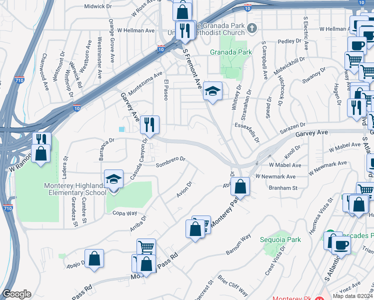 map of restaurants, bars, coffee shops, grocery stores, and more near 2 Garvey Avenue in Monterey Park
