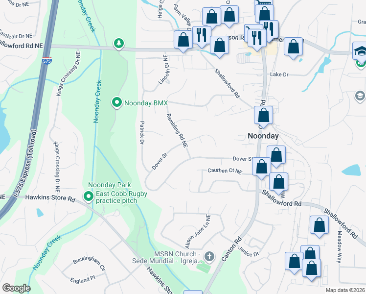 map of restaurants, bars, coffee shops, grocery stores, and more near 585 Dover Street in Marietta