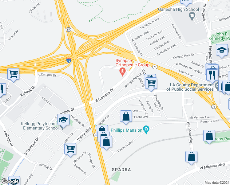 map of restaurants, bars, coffee shops, grocery stores, and more near 2559 Kellogg Park Drive in Pomona
