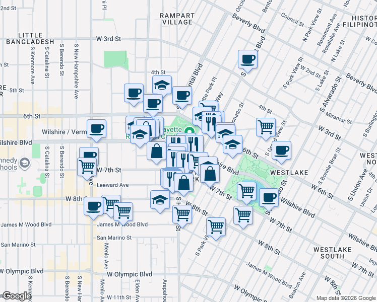 map of restaurants, bars, coffee shops, grocery stores, and more near 656 La Fayette Park Pl in Los Angeles