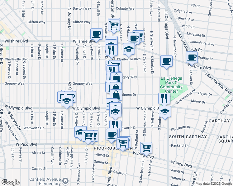 map of restaurants, bars, coffee shops, grocery stores, and more near 906 South Robertson Boulevard in Los Angeles