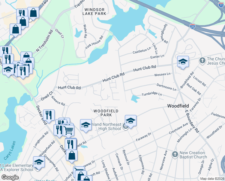 map of restaurants, bars, coffee shops, grocery stores, and more near 7602 Hunt End Court in Columbia