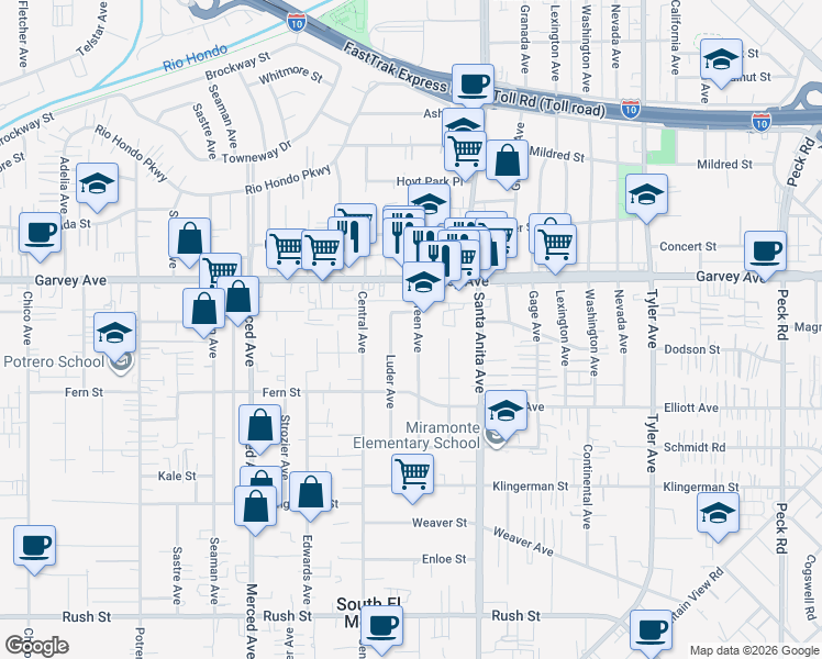 map of restaurants, bars, coffee shops, grocery stores, and more near 2707 Doreen Avenue in El Monte