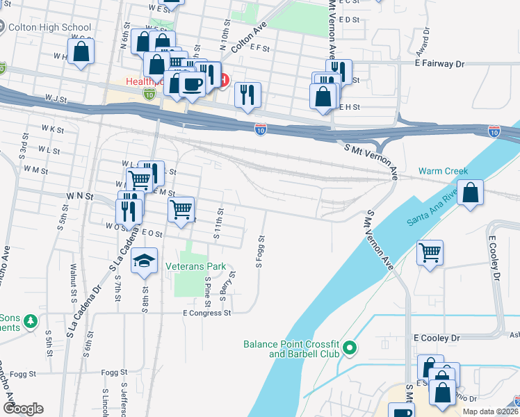 map of restaurants, bars, coffee shops, grocery stores, and more near East M Street in Colton