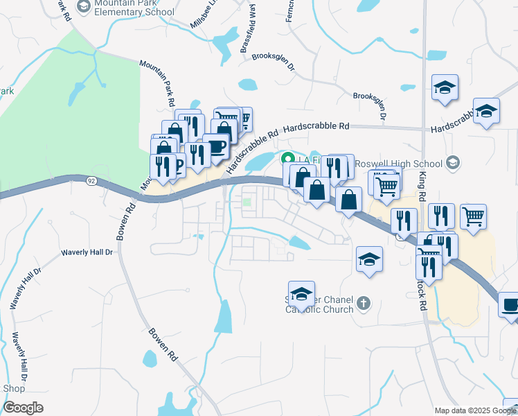 map of restaurants, bars, coffee shops, grocery stores, and more near 5000 Davenport Place in Roswell