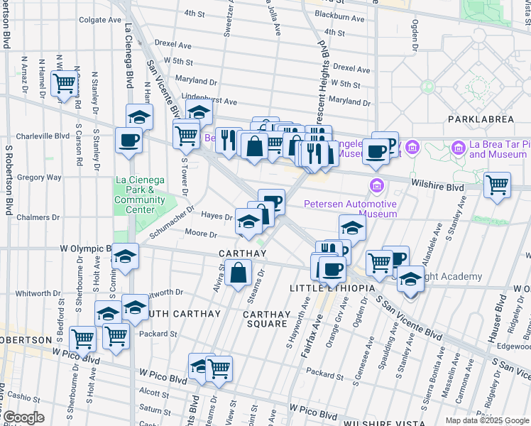map of restaurants, bars, coffee shops, grocery stores, and more near 6330 South San Vicente Boulevard in Los Angeles