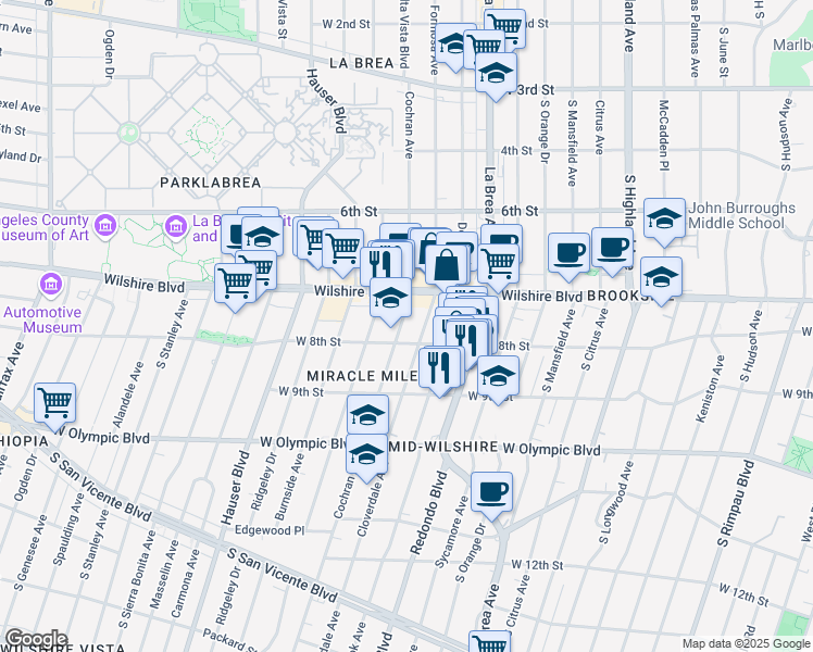 map of restaurants, bars, coffee shops, grocery stores, and more near 803 South Cloverdale Avenue in Los Angeles