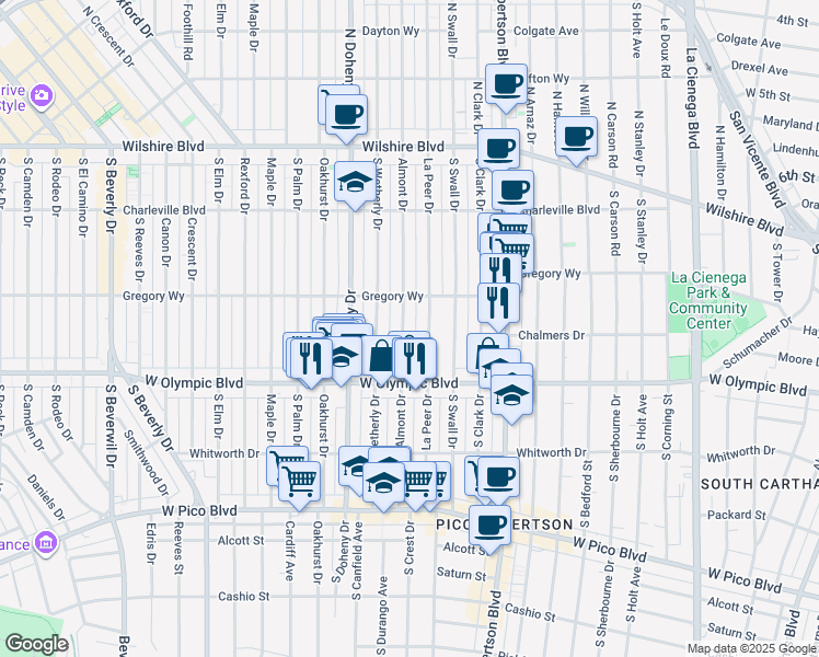 map of restaurants, bars, coffee shops, grocery stores, and more near 344 South Almont Drive in Beverly Hills