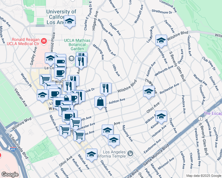 map of restaurants, bars, coffee shops, grocery stores, and more near 10717 Wilshire Boulevard in Los Angeles