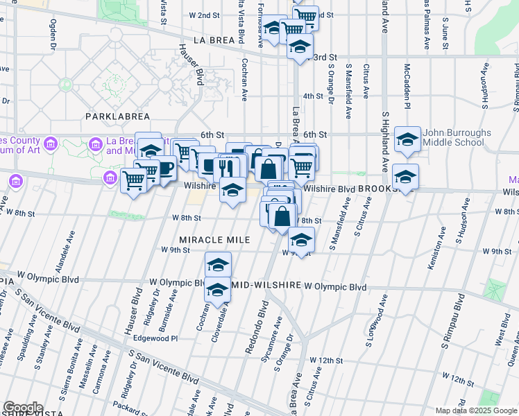 map of restaurants, bars, coffee shops, grocery stores, and more near 736 Cloverdale Avenue in Los Angeles