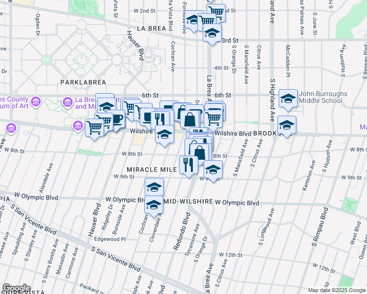 map of restaurants, bars, coffee shops, grocery stores, and more near 803 South Cloverdale Avenue in Los Angeles