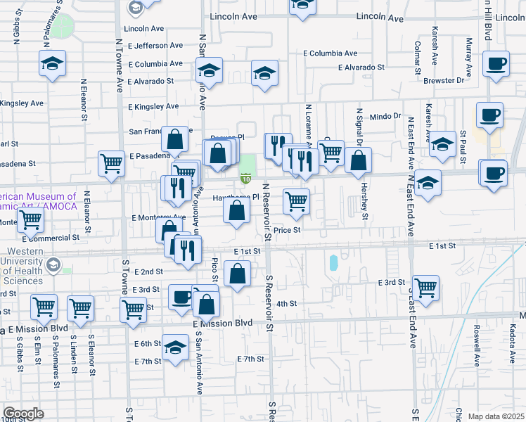 map of restaurants, bars, coffee shops, grocery stores, and more near 897 East Monterey Avenue in Pomona