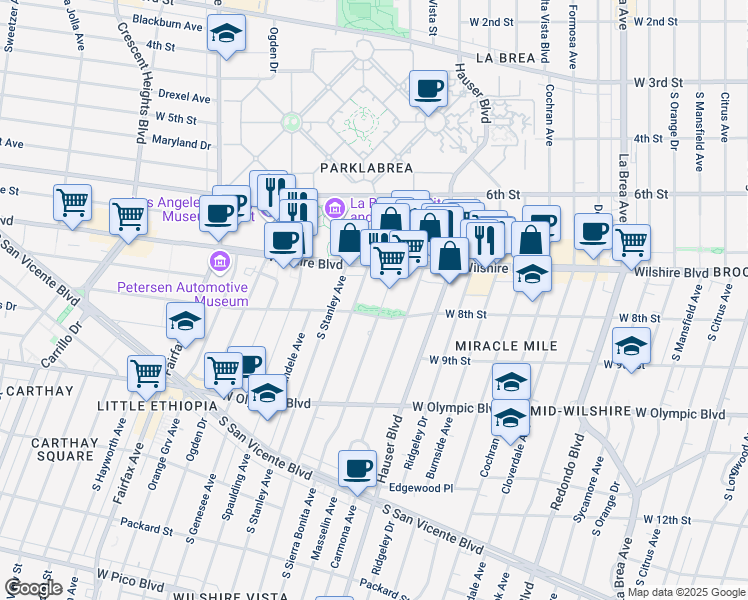 map of restaurants, bars, coffee shops, grocery stores, and more near 5750 Wilshire Boulevard in Los Angeles