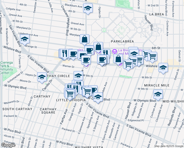 map of restaurants, bars, coffee shops, grocery stores, and more near 753 South Ogden Drive in Los Angeles