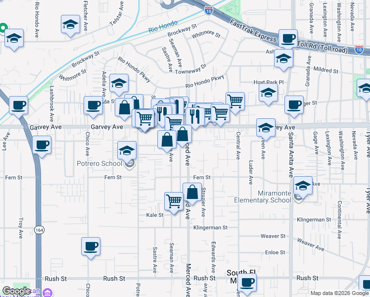 map of restaurants, bars, coffee shops, grocery stores, and more near 2653 Merced Avenue in El Monte