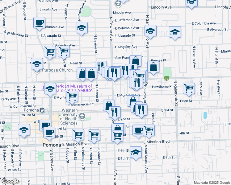 map of restaurants, bars, coffee shops, grocery stores, and more near 342 North Towne Avenue in Pomona