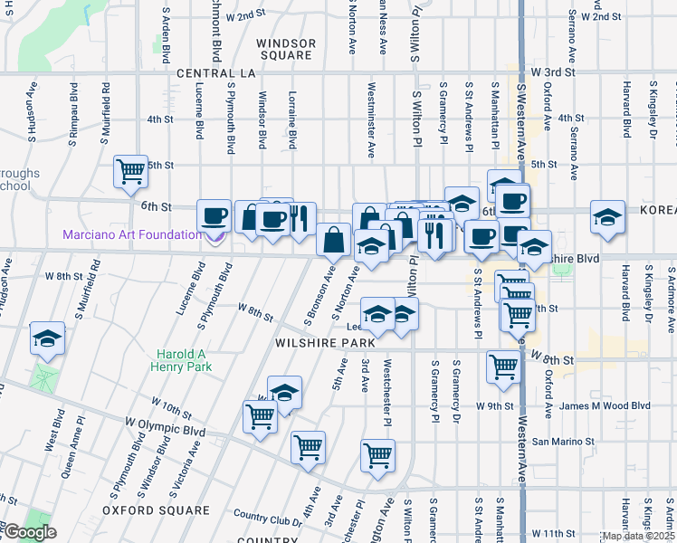 map of restaurants, bars, coffee shops, grocery stores, and more near 690 South Bronson Avenue in Los Angeles