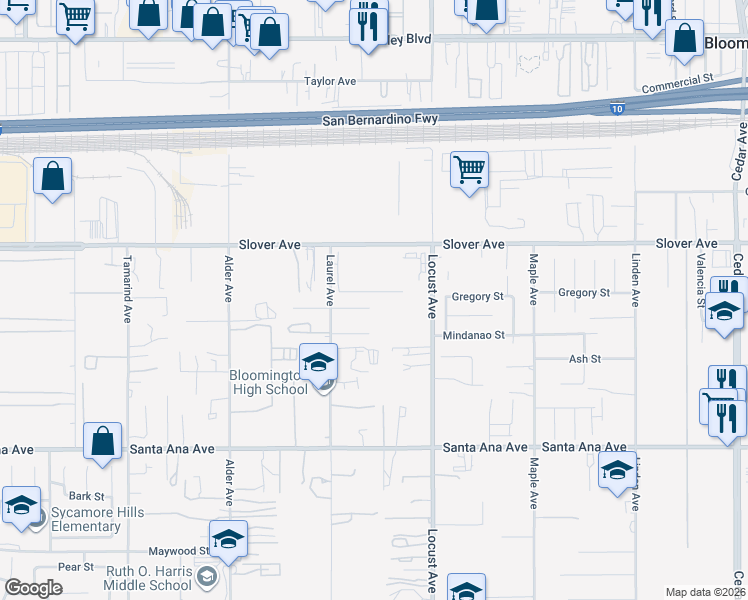 map of restaurants, bars, coffee shops, grocery stores, and more near 17955 Otilla Street in Bloomington