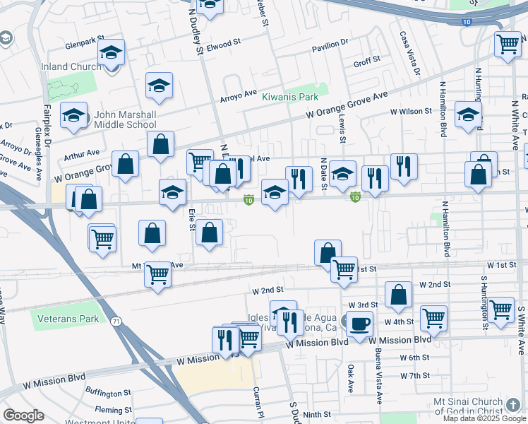 map of restaurants, bars, coffee shops, grocery stores, and more near 1470 West Holt Avenue in Pomona