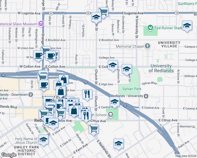 map of restaurants, bars, coffee shops, grocery stores, and more near 630 Church Street in Redlands
