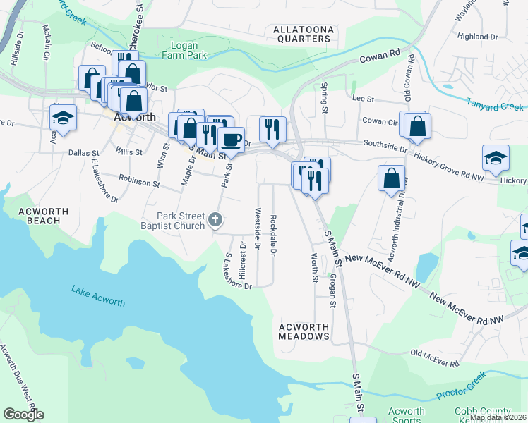 map of restaurants, bars, coffee shops, grocery stores, and more near 4384 Westside Drive in Acworth