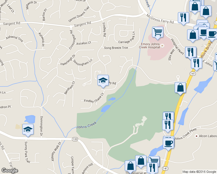 map of restaurants, bars, coffee shops, grocery stores, and more near 5965 Findley Chase Drive in Duluth