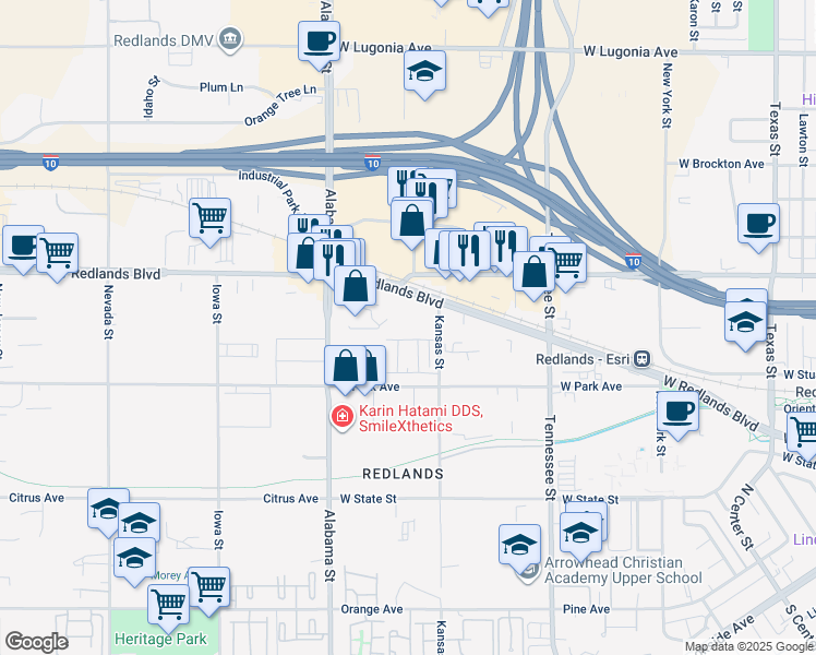 map of restaurants, bars, coffee shops, grocery stores, and more near 1417 West Redlands Boulevard in Redlands