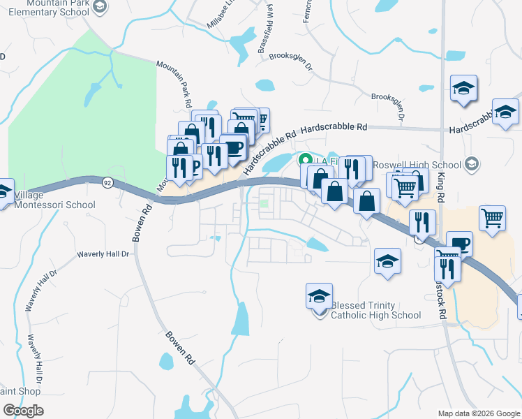 map of restaurants, bars, coffee shops, grocery stores, and more near 4809 Fairmont Way in Roswell