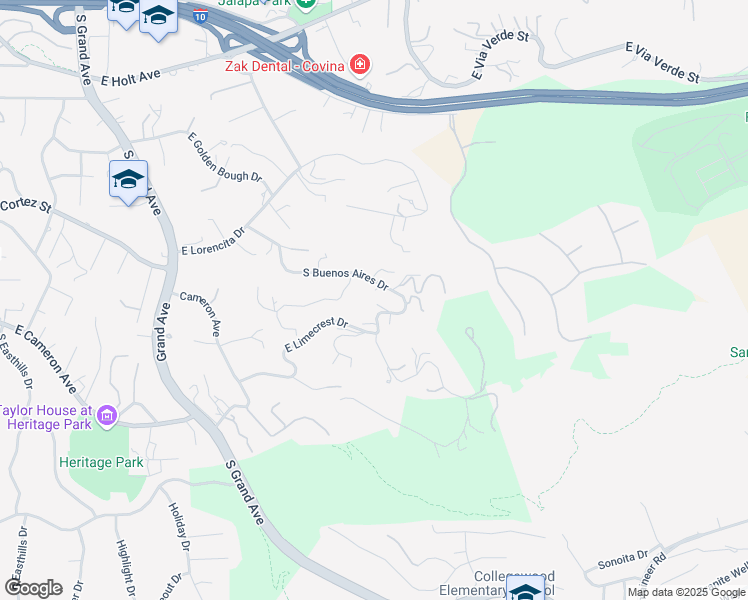 map of restaurants, bars, coffee shops, grocery stores, and more near 2423 South Buenos Aires Drive in Covina