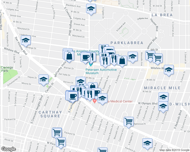 map of restaurants, bars, coffee shops, grocery stores, and more near 753 South Ogden Drive in Los Angeles