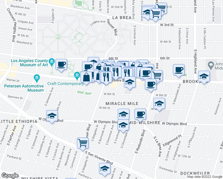 map of restaurants, bars, coffee shops, grocery stores, and more near 800 South Burnside Avenue in Los Angeles