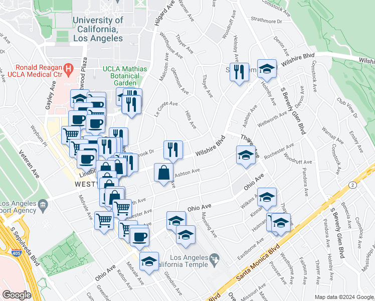 map of restaurants, bars, coffee shops, grocery stores, and more near 10701 Wilshire Boulevard in Los Angeles