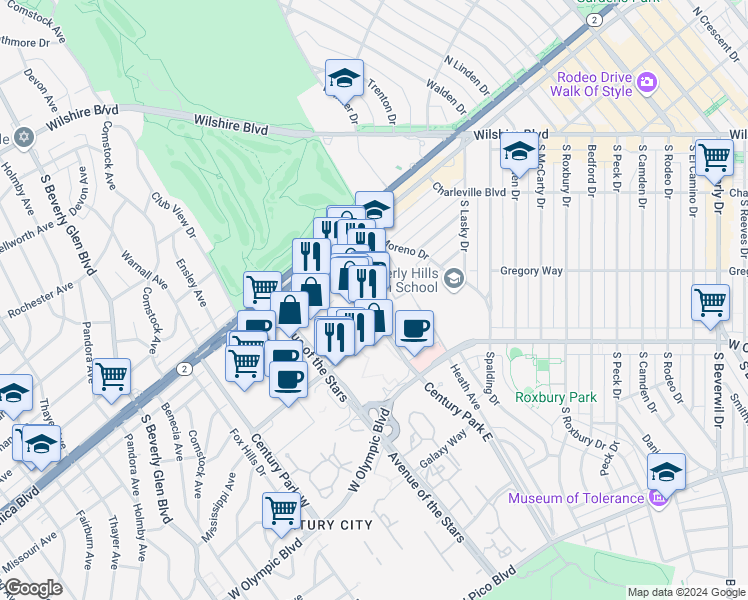 map of restaurants, bars, coffee shops, grocery stores, and more near 1925 Century Park East in Los Angeles