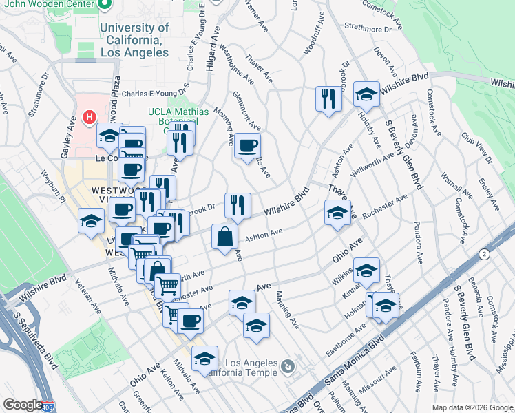 map of restaurants, bars, coffee shops, grocery stores, and more near 10701 Wilshire Boulevard in Los Angeles