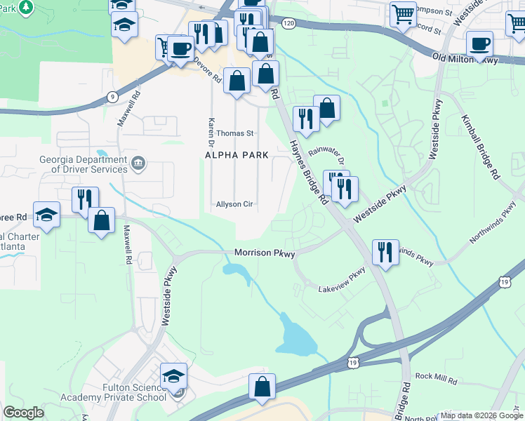 map of restaurants, bars, coffee shops, grocery stores, and more near 530 Jon Scott Drive in Alpharetta