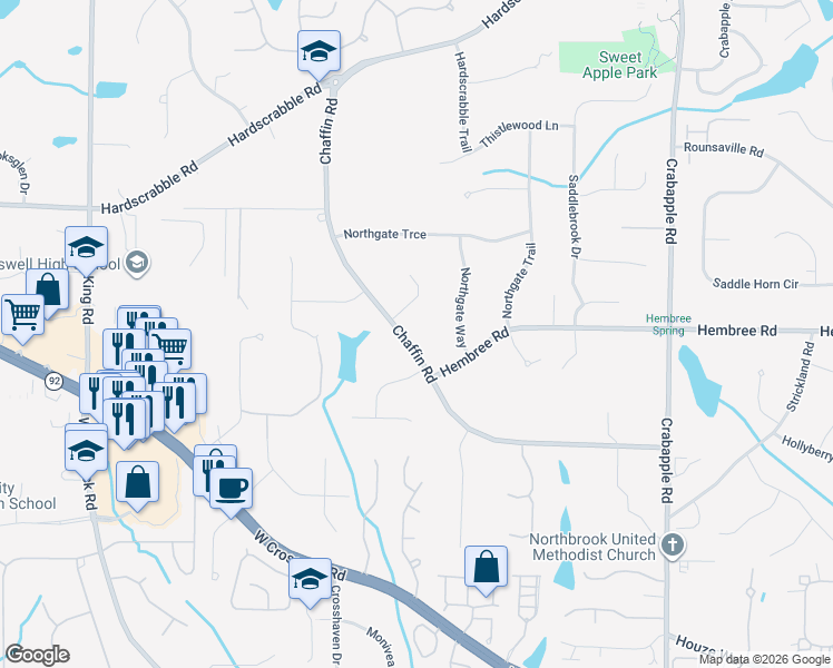 map of restaurants, bars, coffee shops, grocery stores, and more near 325 Chaffin Road in Roswell
